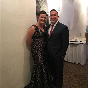 Black lace and champagne satin floor length dress